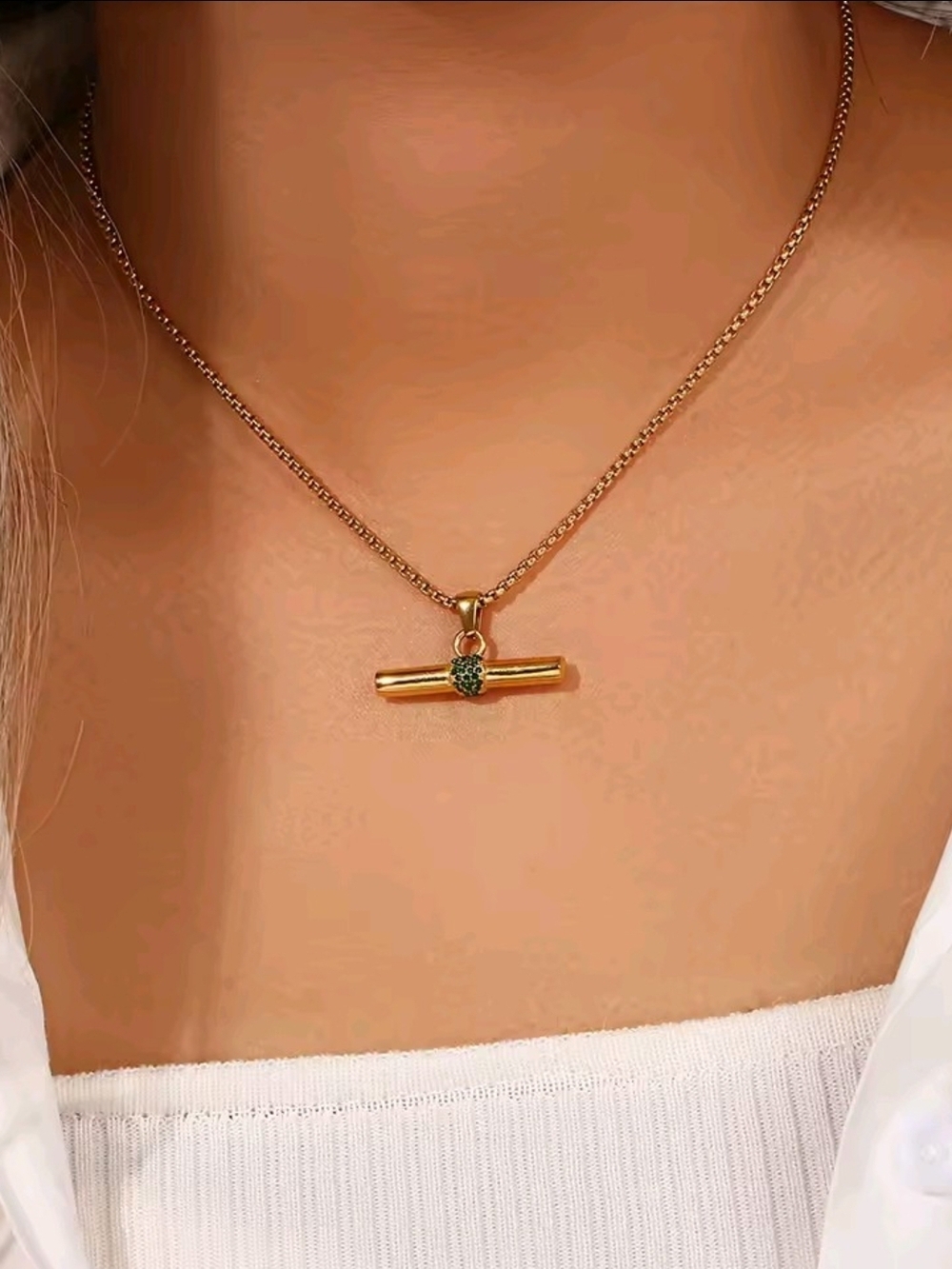 Gold Bar Pendant Necklace with Green Accent